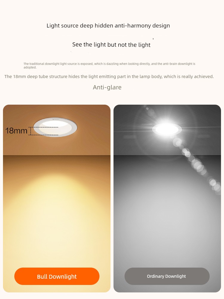 Bull Anti-Glare LED Downlight Embedded 75mm For Home Hole Lamp Living Room Corridor Aisle Light Three-Color Barrel of Light Hole Lamp