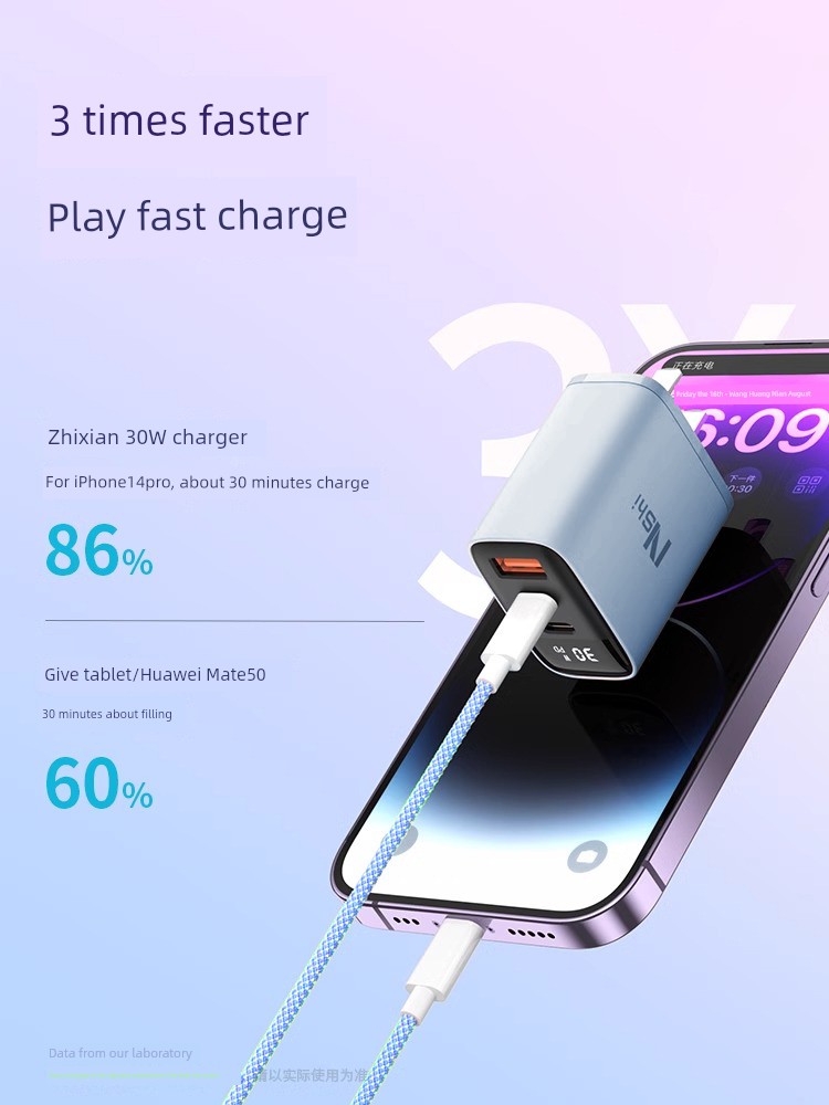 30W Three-Port Digital Display] Suitable for Charger Head Typec Multi-Port Dual-Port 20W Fast PD Charging USB for Huawei Xiaomi iPhone iPad Plug 5v2a Flash Charging 15pro Data Cable 14 Android