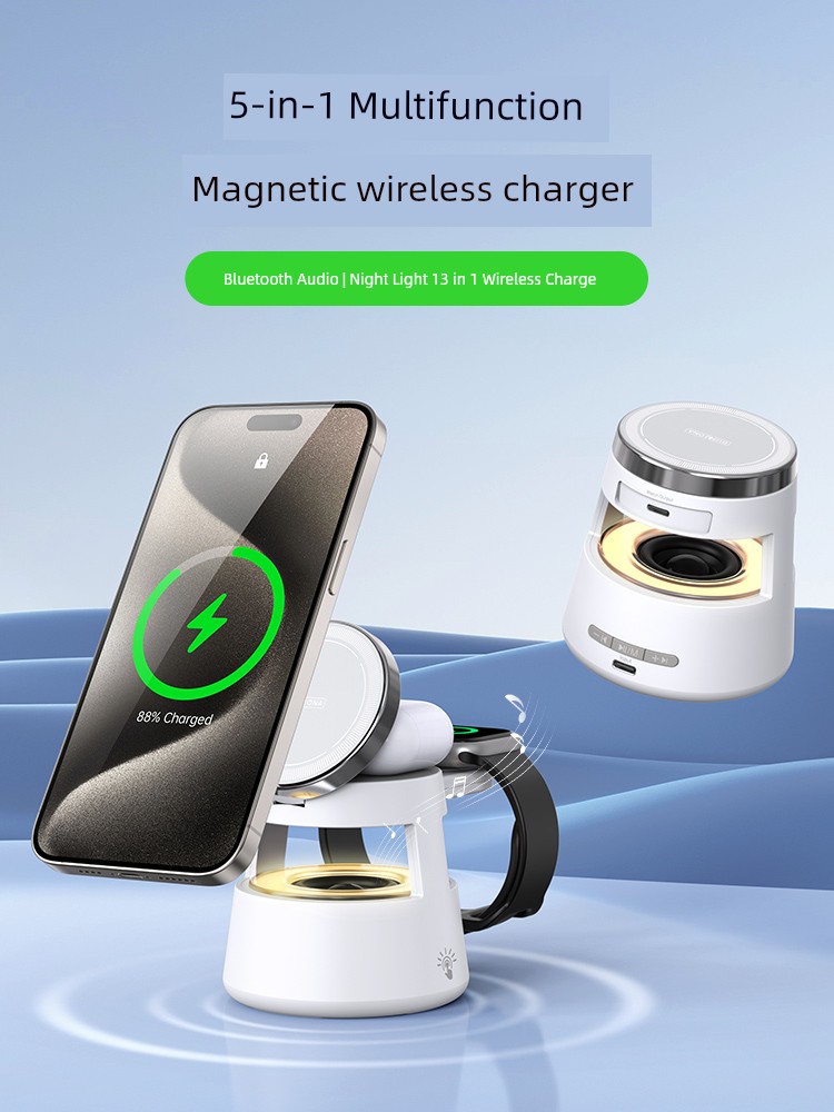 Dux Ducis for iPhone Watch Headset Three-in-One Magnetic Wireless Charging Set Multi-Function Five-in-One Charging Mini Speaker with Small Night Lamp Creative Desk Charger Gift
