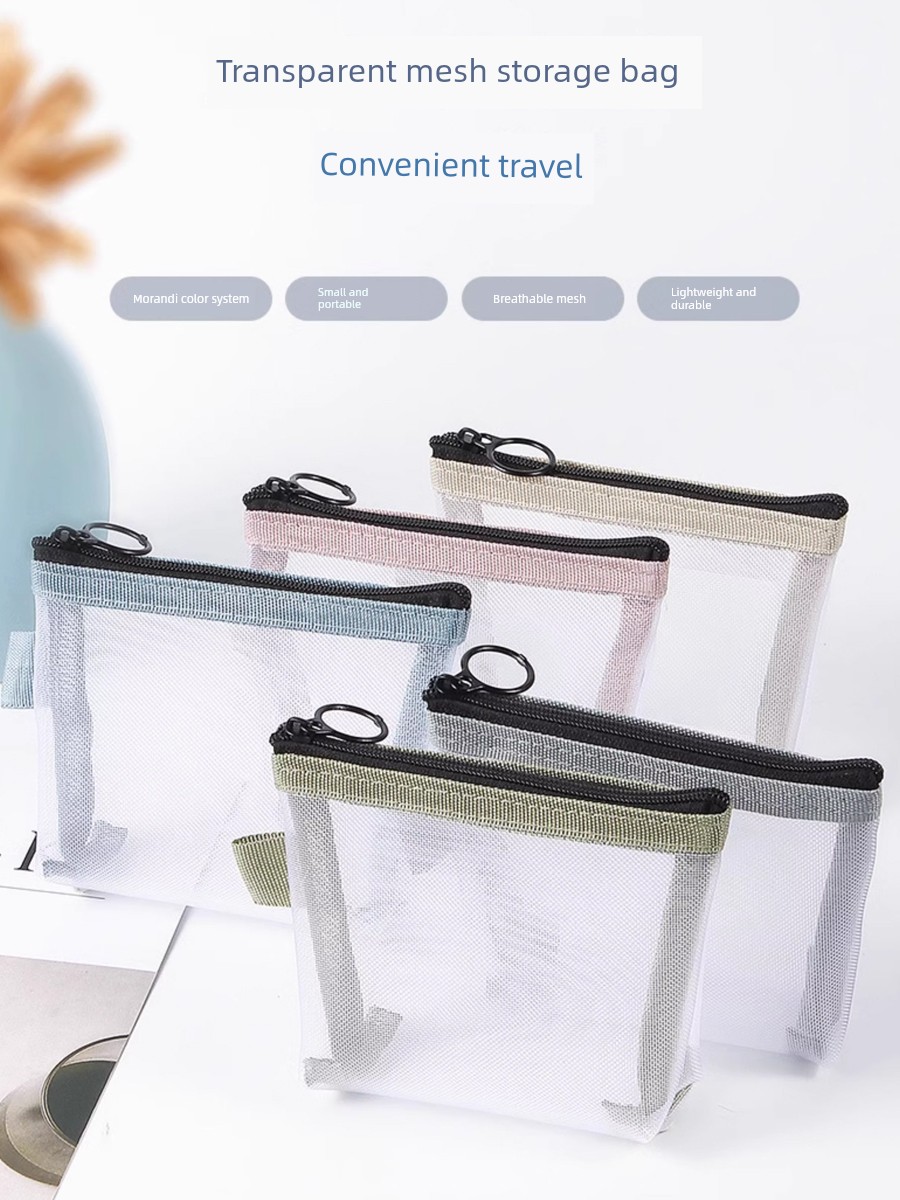 Transparent Pure Color Mesh Storage Bag Portable Compact Change Cosmetics Cosmetics Bag Key Card Storage Organizing Bag