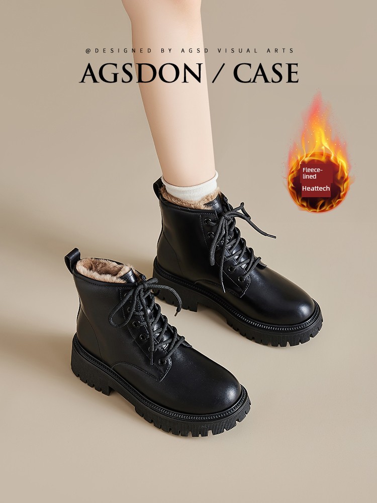 Black Martin Boots Female 2025 Autumn and Winter New Arrival Thick Sole plus Velvet Snow Boots British Style All-Match Middle Tube Ankle Boots