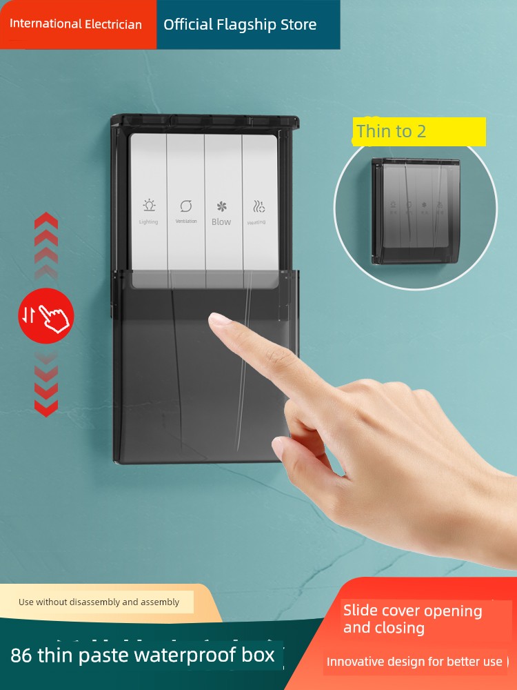 86-Type Ultra-Thin Sliding Cover Waterproof Box Switch Waterproof Cover Bathroom Toilet Socket Bath Heater Downward Sliding Protective Cover