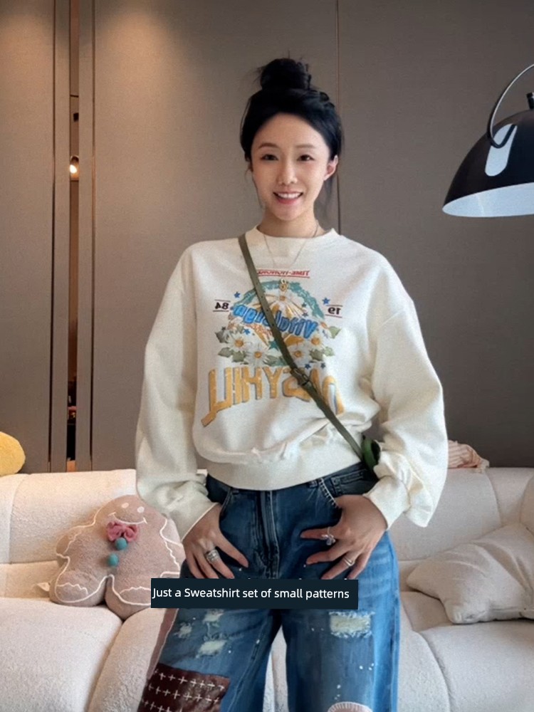 Loose and Lazy Style Leisure Pullover Milky White Little Daisy Cartoon Print Sweatshirt Female Fall 2025 New Arrival Best Selling