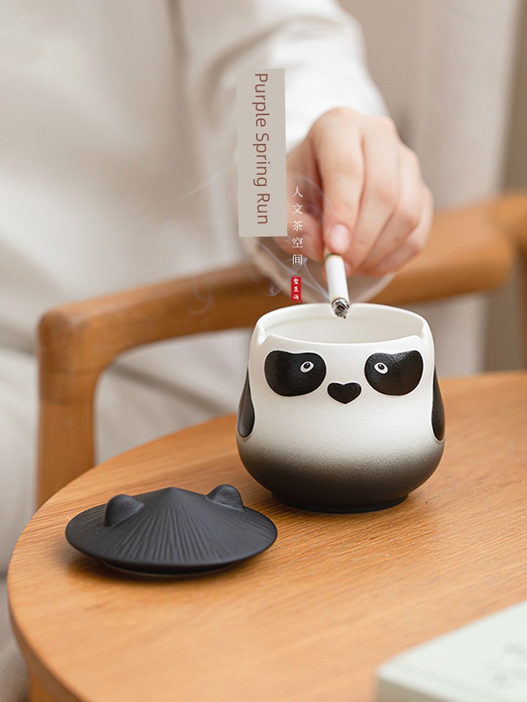 Jojo's L. Pd. Ziquan Jian. Panda Ceramic Ashtray Cute Home Office with Lid | Foot