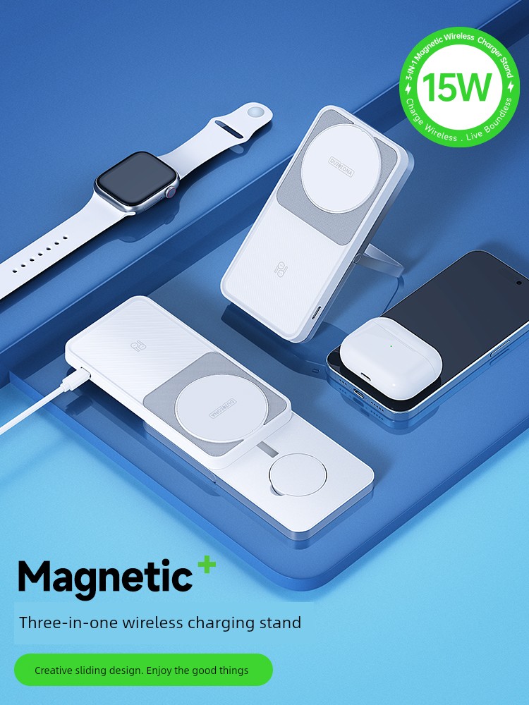 Three-in-One Wireless Charger Apple Magnetic Foldable Bracket 15W Fast Charge Suitable for Iphone12-15ProMax Mobile Phone Headset Watch Charging Base Can Charge Two Mobile Phones at the Same Time