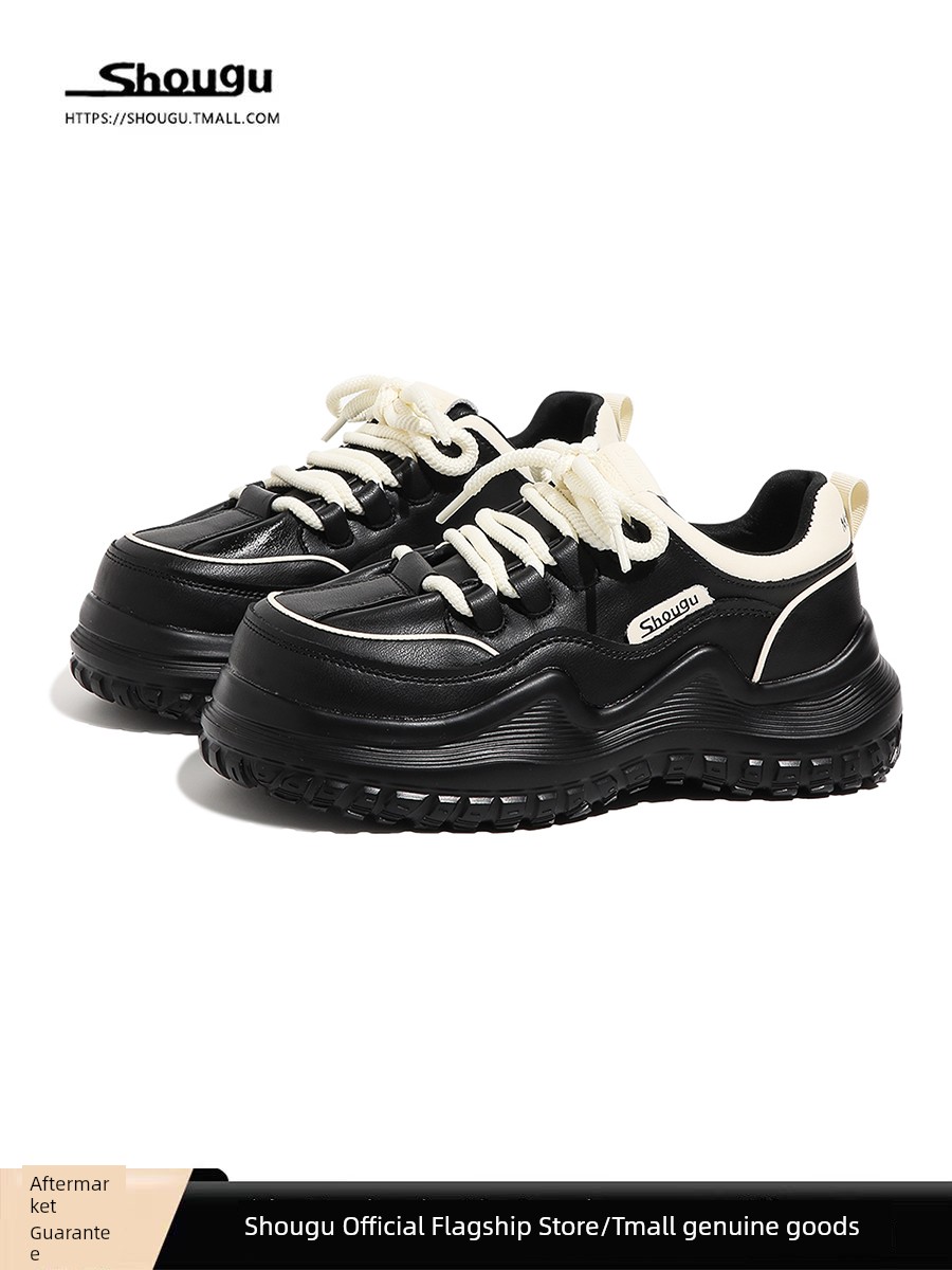 Shougu Black Muffin Thick-Soled Genuine Leather Dad Shoes Women 2024 New Popular Casual All-matching Board Shoes Loafers Fashion