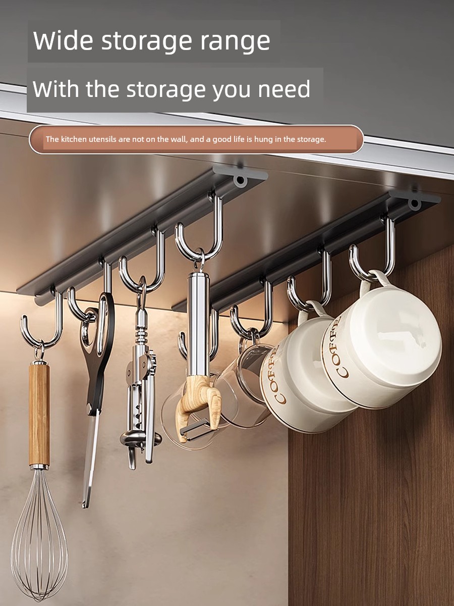 Multi-Functional Movable Rack Punch-Free Kitchen Hook Rack Hanging Rod Wall-Mounted Alumimum Kitchenware Rack Storage Rack