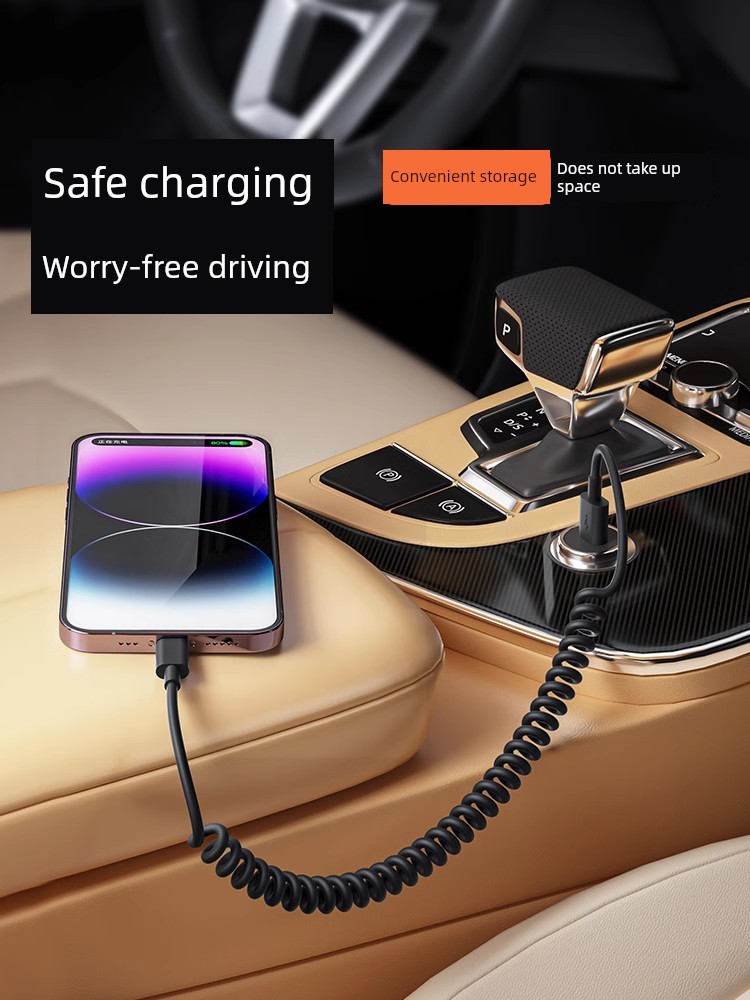 Suitable for Vehicle-Mounted USB Cable Spring Retractable for Apple iPhone Fast Charge Usbcarplay Power Bank Line Motorcycle Interface Carpaly Universal Cable Outdoor Portable Retractable Storage