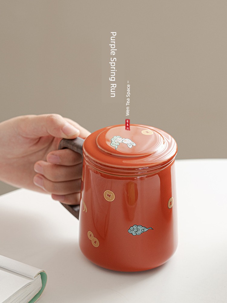 Jojo's L. PD Ziquan Jian · Ceramic Tea Brewing Cup Wooden Handle Mug Tea Water Separation Water Cup Lucky Rabbit