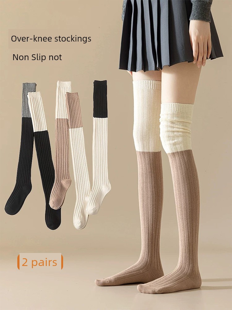 Pile Style Knee Socks Women's Spring and Autumn Frye Boot Cotton Socks Women's Patchwork Gray High Knee Hold-Ups Slim Looking