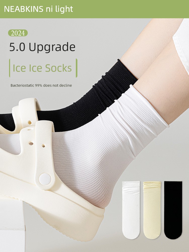 Ice Socks Women's Summer Thin White Bunching Socks Ballet Style Summer Breathable Ice Silk Tube Socks with Small Leather Shoes