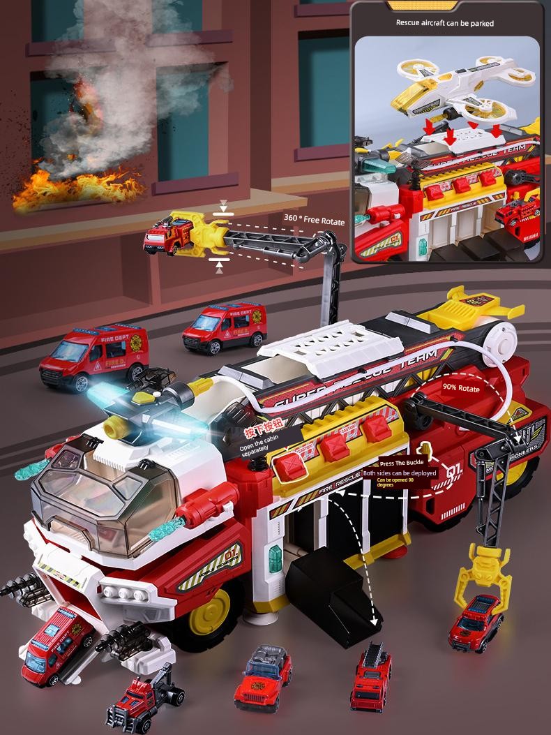 Kids Multi-Function Rescue Fire Truck Toy Large Police Car Alloy Sound and Light Water Spray Catapult Track Puzzle Boy