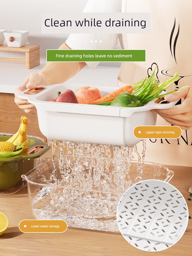 Double-Layer Adjustable Drain Basket Kitchen Rectangular Vegetable and Fruit Washing Single Sink Sink Large Capacity Plastic Washing Basin