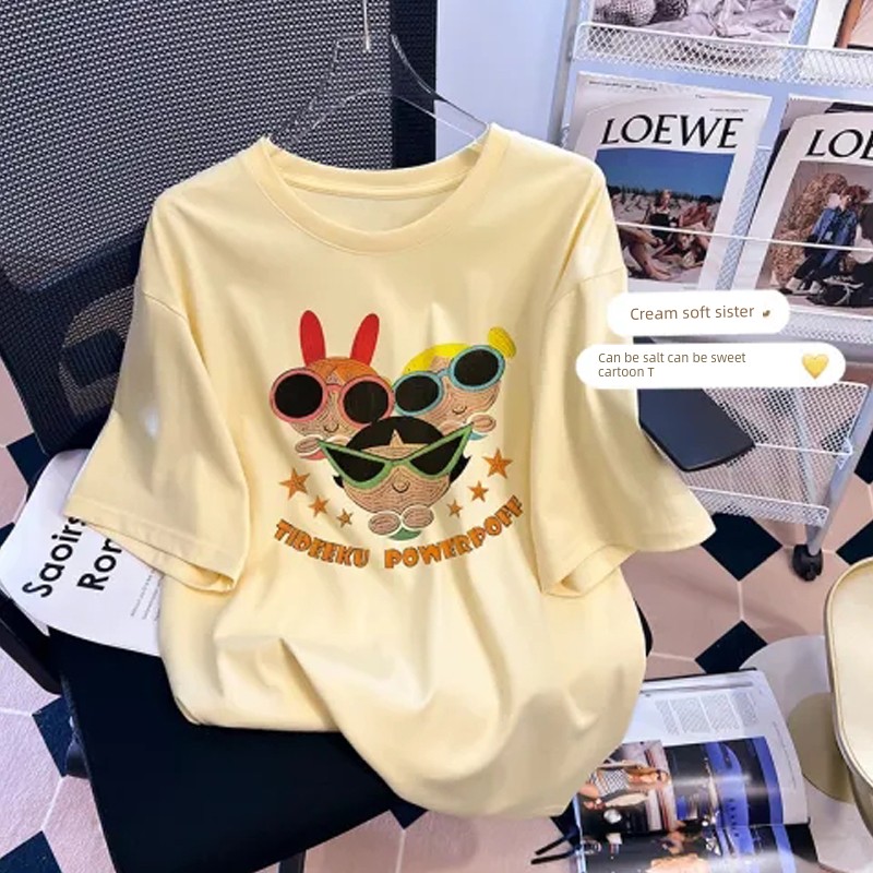 Plus Size Ladies 1.00 Kg-150.00 kg Ins Sweet University Style Pure Desire Print Loose Easiest for Match New Arrival Short Sleeve T-Shirt Women's Shirt Fashion