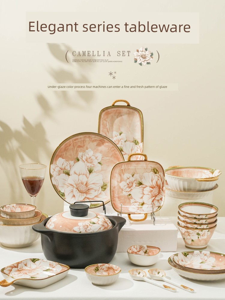 Camellia Bowl Underglaze Color Bowl Dish Suit For Home Rice Bowl Soup Bowl Tableware Set Plate Ceramic Bowl Cutlery Bowl and Plates Bowl Chopsticks