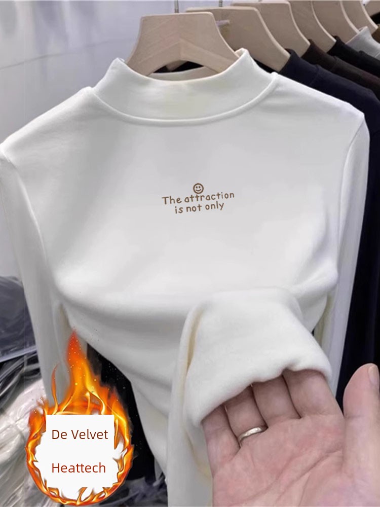 2025 New Arrival Fall and Winter White Dralon Half Turtleneck T-shirt Women Silm Chic Letter Simplicity Thickened Warm Coat