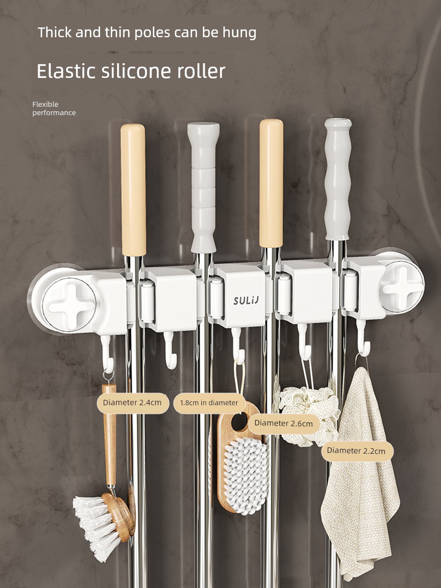 Sucker Long Mop Rack Mop Clip Hook Rack Strong Fixed Rack Bathroom Wall Hanging Punch-free Kitchen