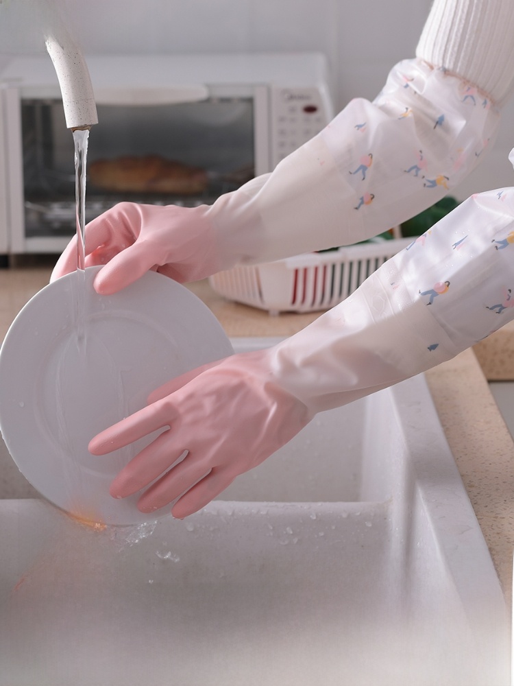 Dishwashing Gloves Women's Winter Laundry Kitchen Thickened Fleece Lined Rubber Latex Waterproof Housework Durable Long Abrasion Resistant