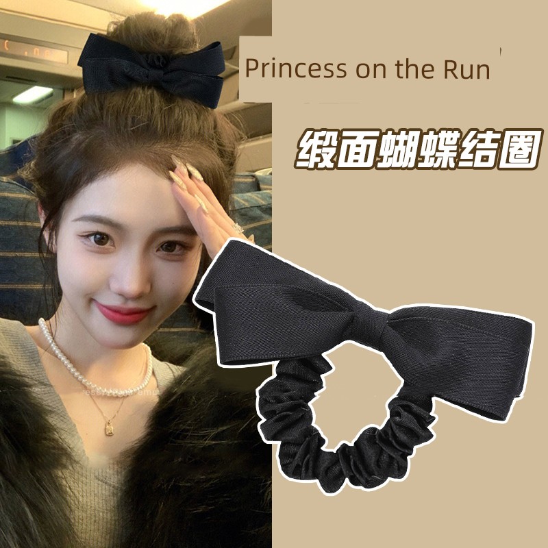 Black Bowknot Headband High Elastic Durable Large Intestine Hair Ring Fancy Ponytail Hair String Rubber Band Headdress Women