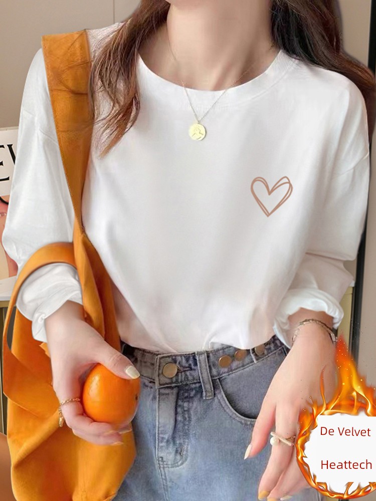 White Long Sleeve T-shirt Women's Loose 2025 New Inner Wear plus Houde Velvet Bottoming Shirt Fall and Winter Heart Printing Tops