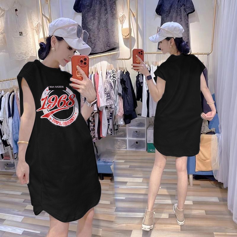 European Goods Chubby Girl Plus Size 100.00kg Summer Pure Cotton Tank Top T-shirt Skirt Women's Slim Looking Mid Length Long Length Western Style Sleeveless Dress