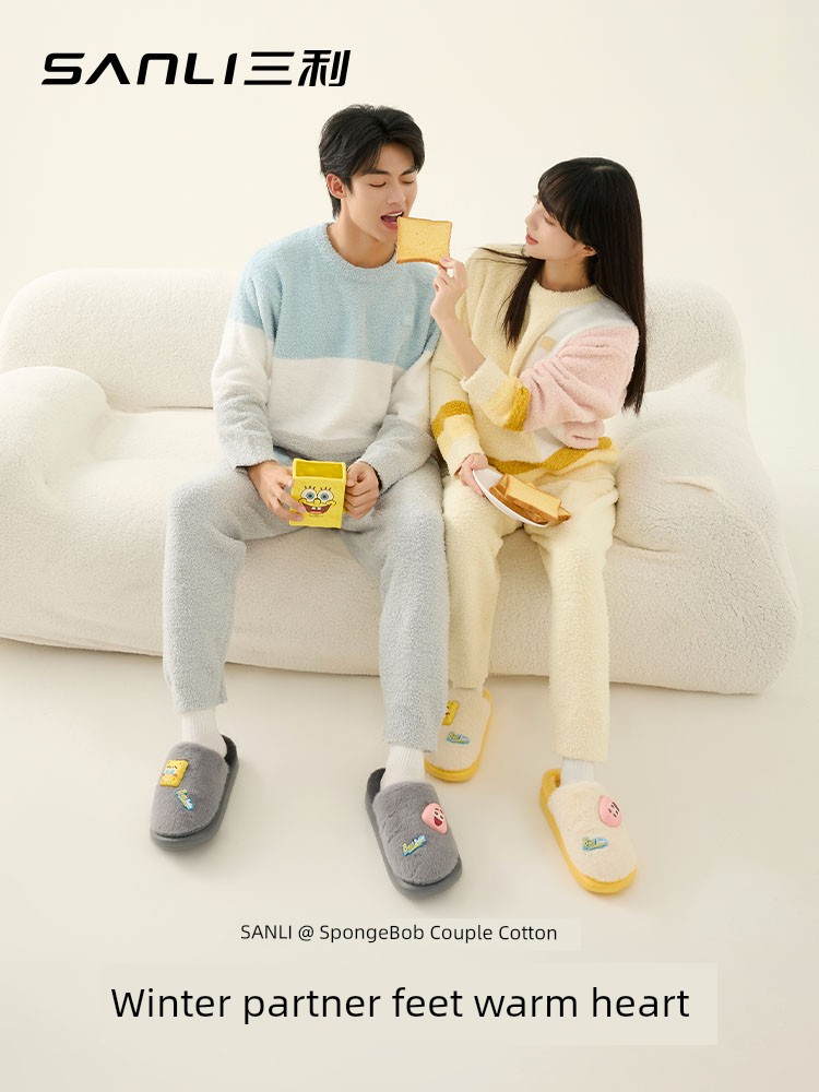 Sanli Cotton Slippers Female 2024 New Arrival Winter Indoor Home Couple Fleece-Lined Men Half-Covered Heel Heattech Woolen Slipper