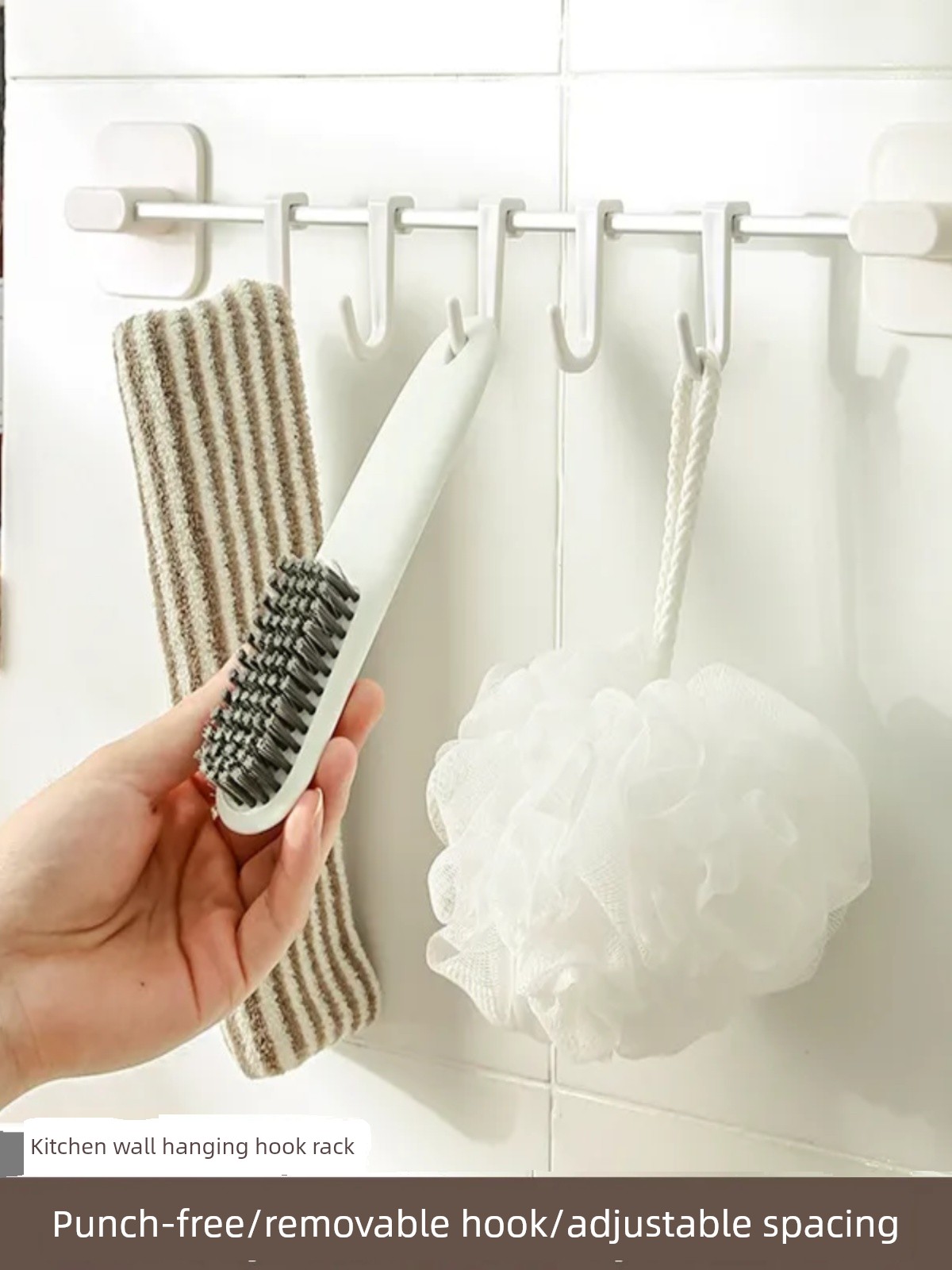 Punch-free Kitchen Hook Rack Hanging Rod Wall-Mounted Multi-Functional Kitchenware Rack Spoon Shovel Tissue Towel Storage Rack
