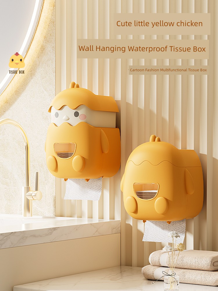 Wall-Mounted Tissue Box Punch-Free Toilet Storage Box Installation Bathroom Chicken Cartoon Tissue Box Multi-Purpose Living Room