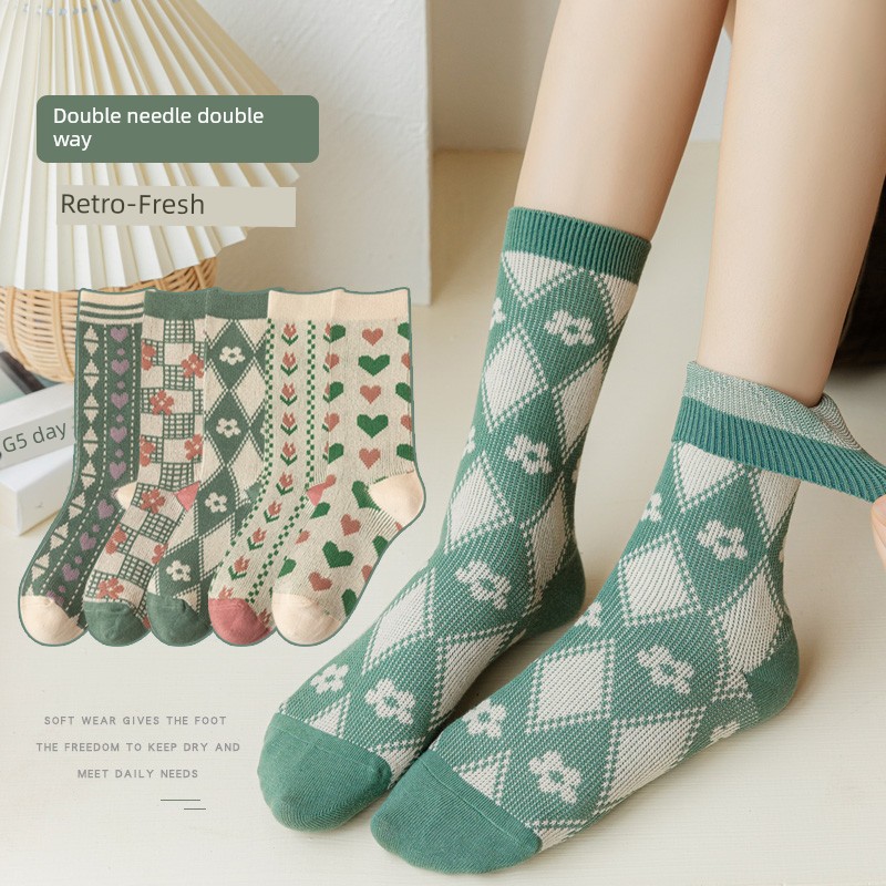 Socks Women's Cotton Double Needle Double-Way Vintage Green Socks