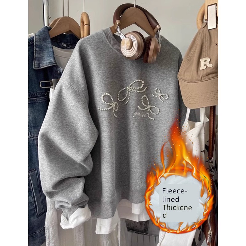 Extra Large Size 1.00 Kg-150.00 kg Korean Style Heavy Industry Beads Bows Brushed Hoody Female Autumn Winter Thick Loose-Fitting Tops Fashion