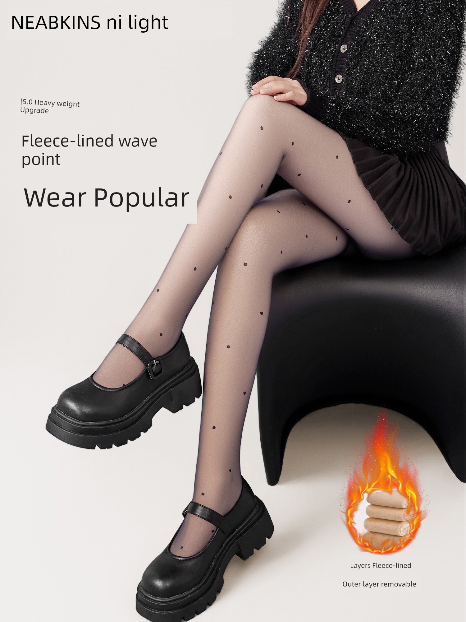 Polka Dot Black Silk Fleece-lined Superb Fleshcolor Pantynose Women's Spring Fall and Winter Nude Feel Thin Black Stockings Thickening Leggings Pantyhose
