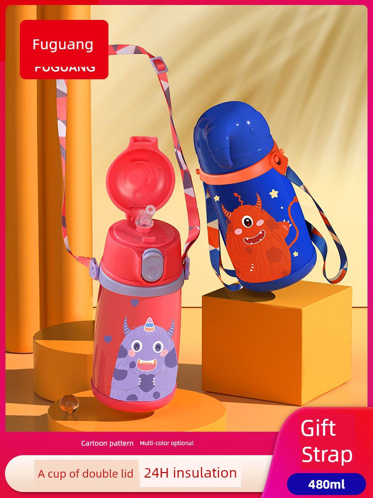Fuguang Children's Thermos Cup with Straw Men's and Women's Portable Dual-Use Water Cup Primary School Student Large Capacity Kettle Kindergarten