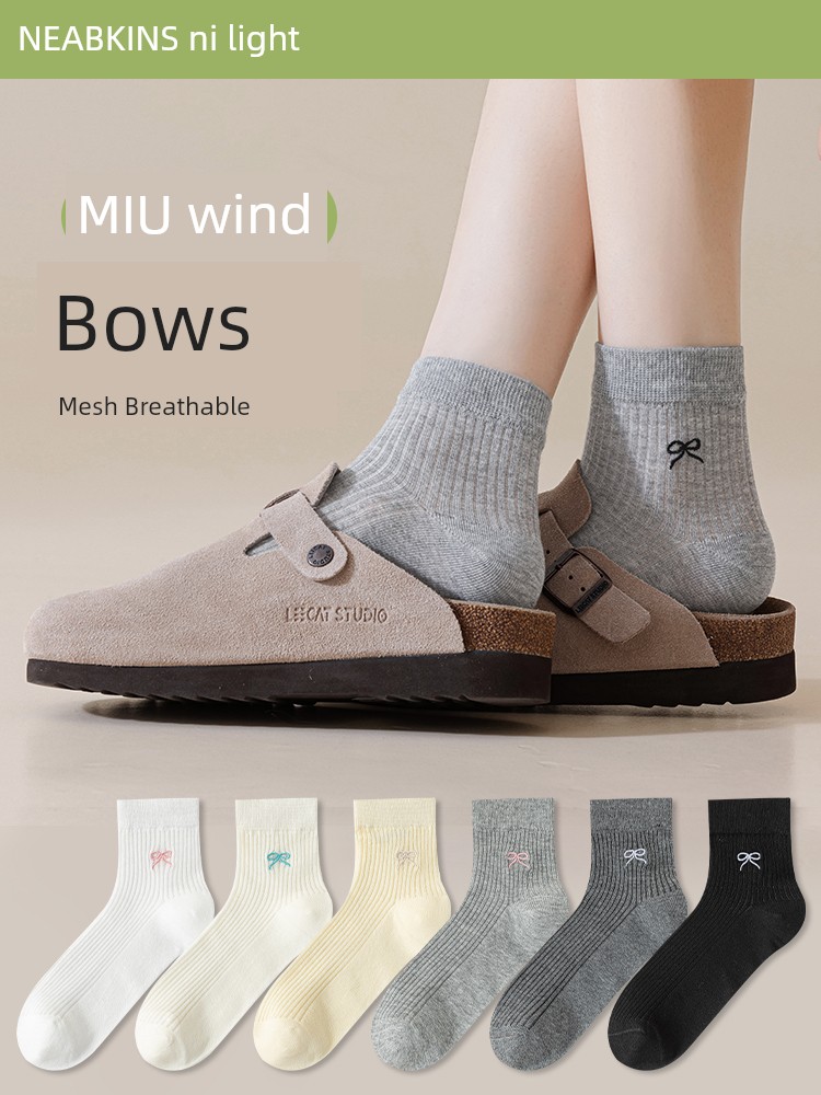 Gray Socks Women's Summer Thin Bows Tube Socks Pure Cotton Miu Series with Ballet Style Shoes Long Socks Summer