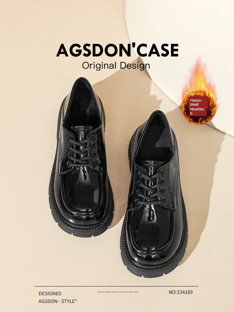 Augusto Black Fleece-lined Small Leather Shoes Women 2024 New Autumn and Winter Platform Cotton-padded Shoes All-Matching British Loafers