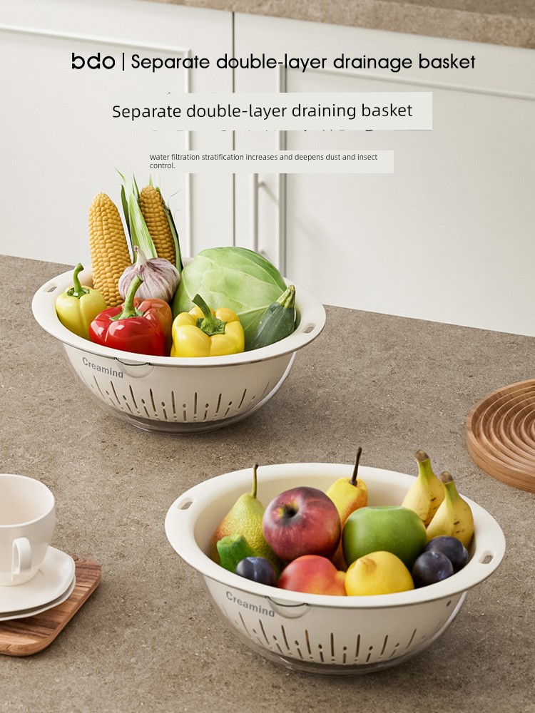 Double-Layer Drain Basket Washing Basin Multi-Functional Kitchen Household Fruit Plate Living Room Fruit Washing Vegetable Washing Basket Colander