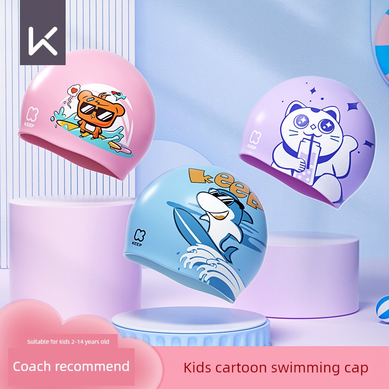 Keep Kids Swimming Cap Girl Boys' Silicone Waterproof Not Squeezing Head Cute Print Swimming Hat for Teenagers and Babies
