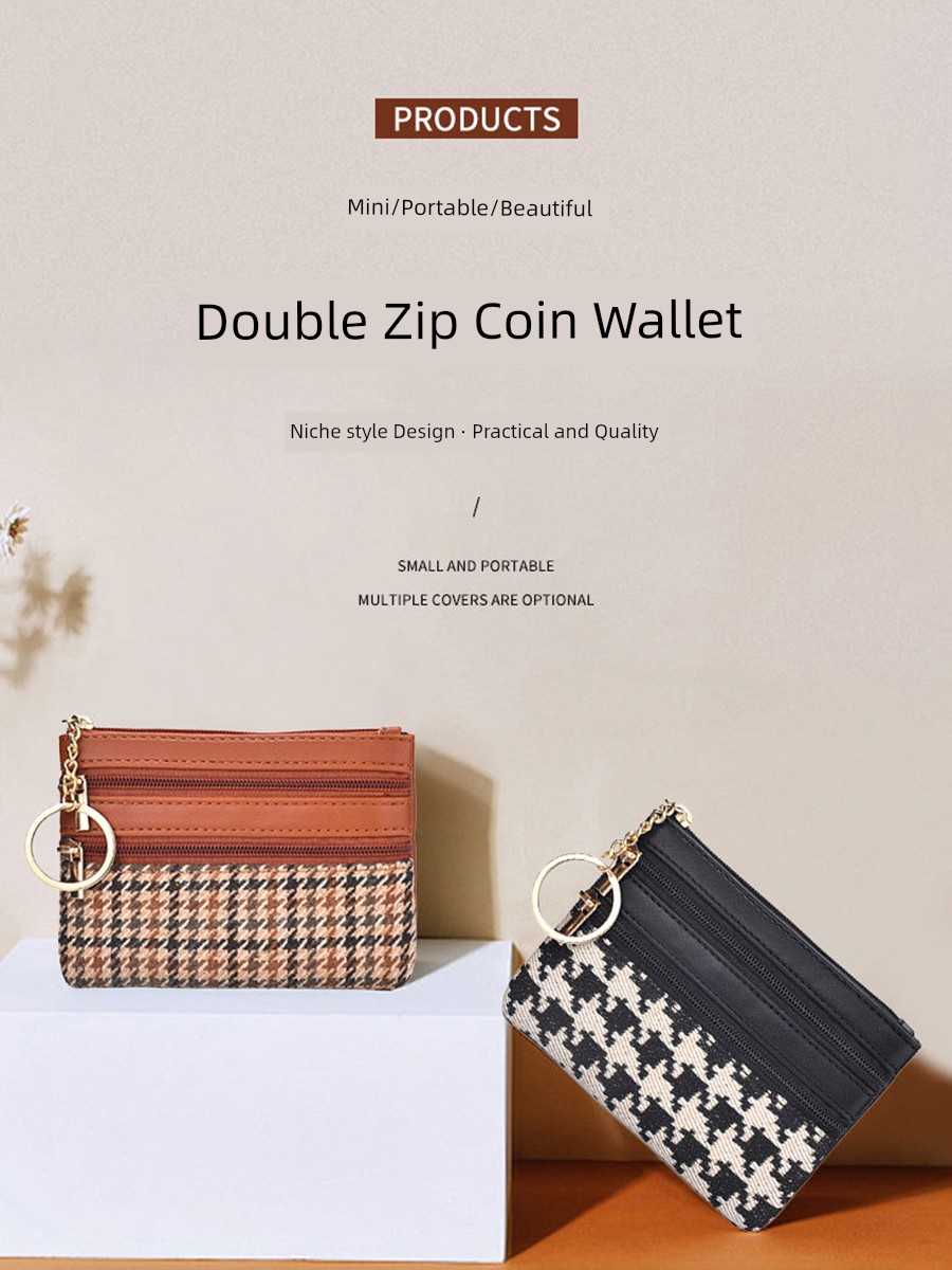 Portable Houndstooth Coin Purse Large Capacity New Short Clutch Double Zipper Wallet Fashion Trendy Cosmetics Bag
