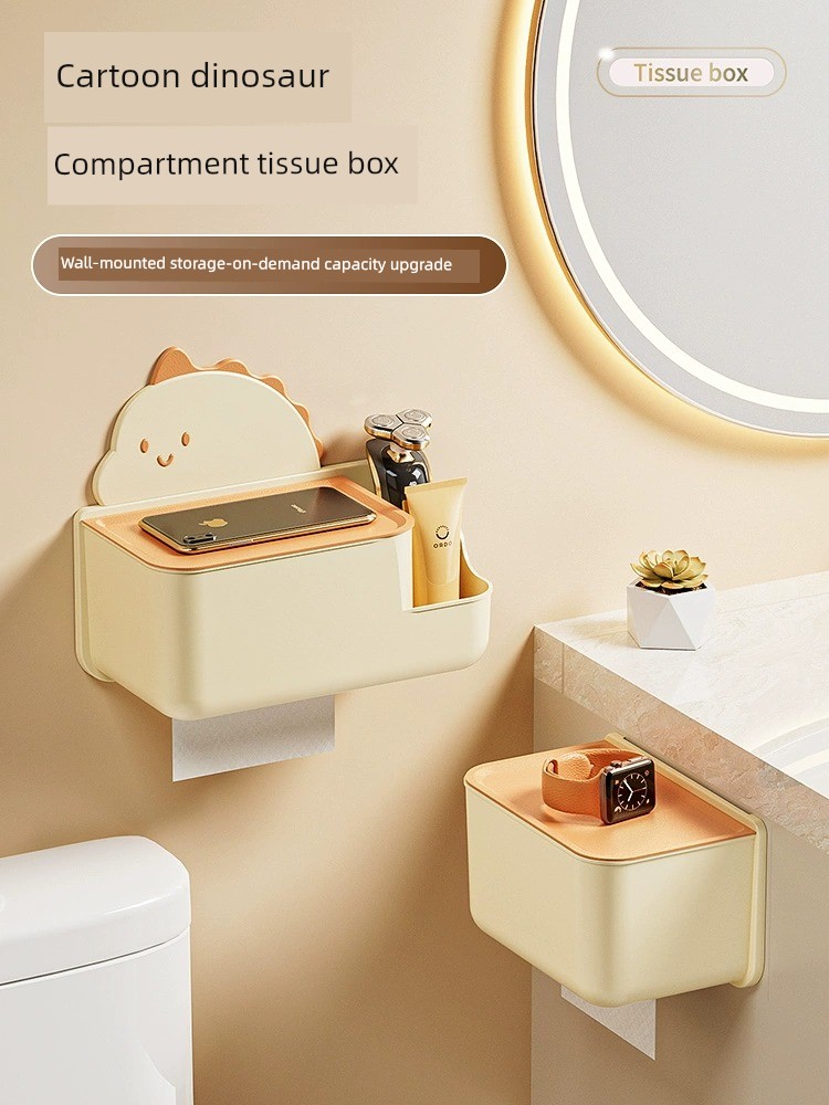 Cute Tissue Box Wall-Mounted Punch-Free 2025 New Arrival Domestic Toilet Roll Paper Paper Extraction Multi-Functional Storage Box