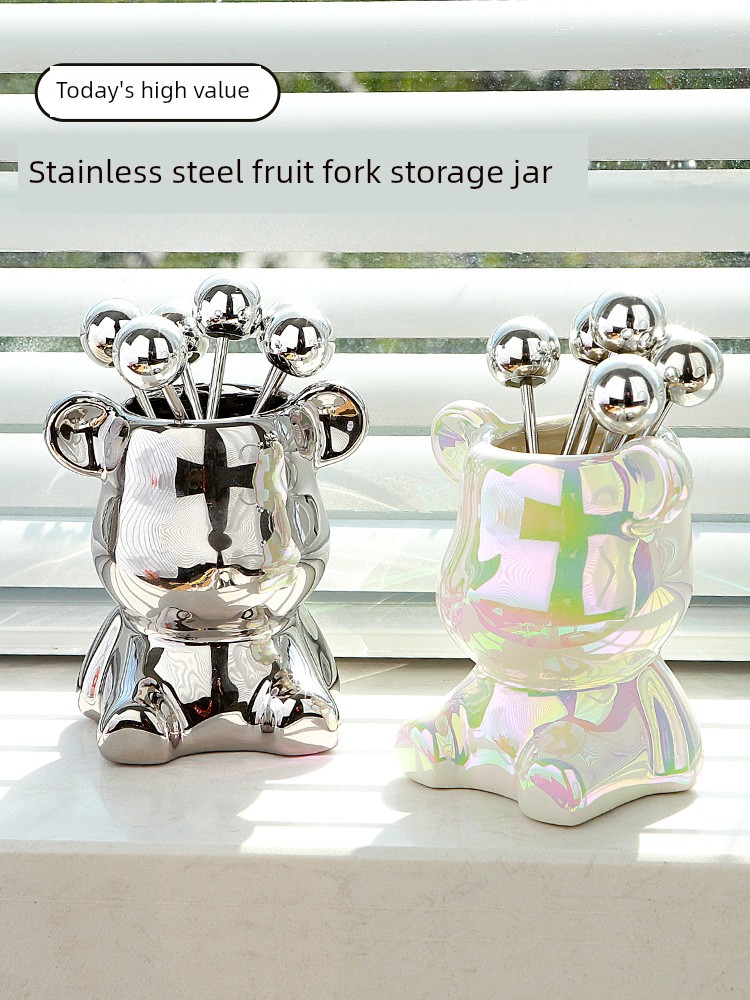 Dessert Fruit Fork For Home Accessible Luxury Stainless Steel Fancy Cake Fork Cute Fruit Toothpick Small Fork Storage Tank