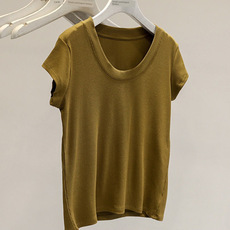 Plus Size Ladies 1.00 Kg-150.00 kg Extra Large Stretch Cotton Pure Color T-shirt Women's Summer round Neck K-style Loose Figure Flattering Short Sleeve Top