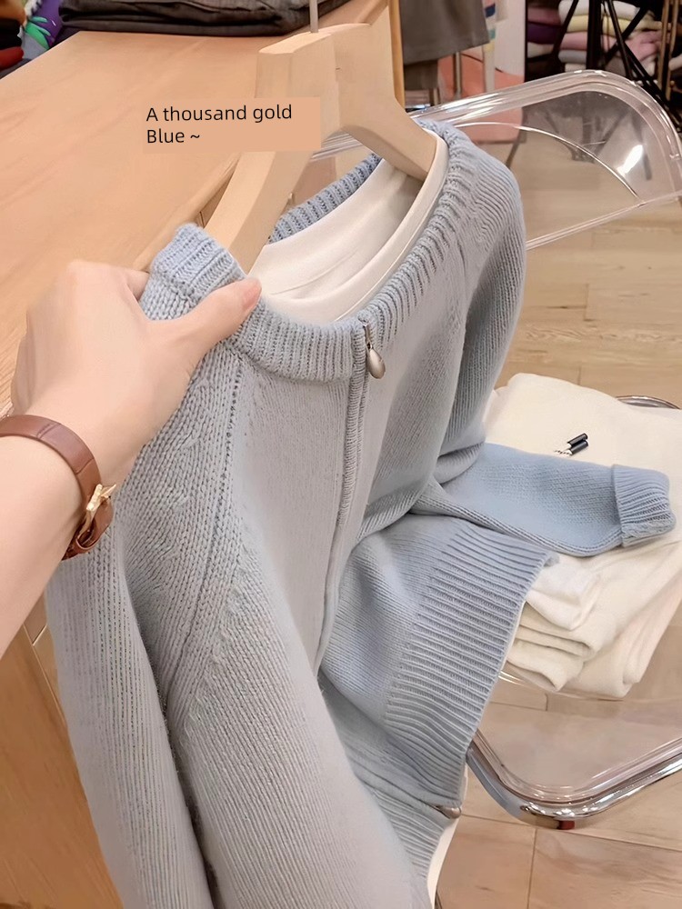 Guangzhou 13 Th Line European Products Women's Clothes Light Blue Zipped round Neck Knitting Cardigan Spring and Autumn Fancy Sweater Outwear