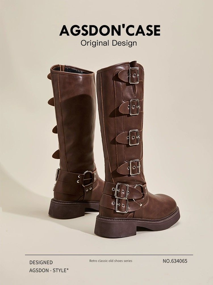 Augusto Brown Long Biker Boots Female 2024 New Arrival Autumn Height Increasing Small Knee-High Boots Platform Knee-High Boots