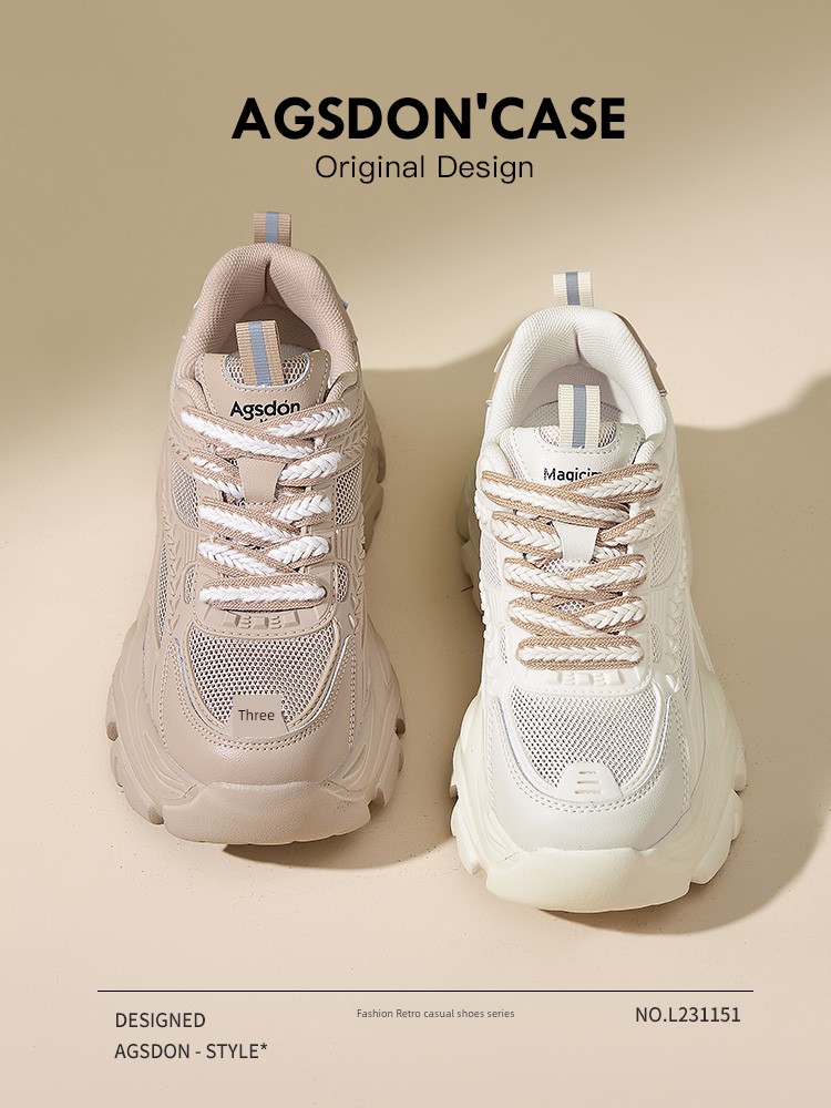 Authentic Leather Clunky Sneakers Women's Shoes 2024 New Arrival Summer Platform White Shoes Height Increasing Breathable Mesh Sneaker Thin
