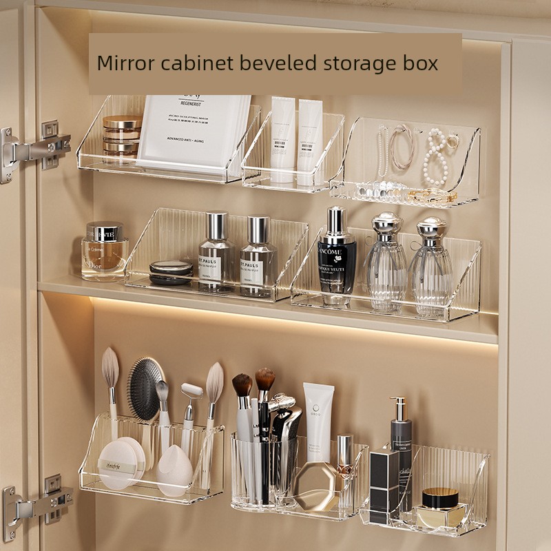 Mirror Cabinet Storage Box Bathroom Cabinet Wall-Mounted Transparent Layered Oblique Storage Rack Cosmetics Lipstick Jewelry Organizing Box