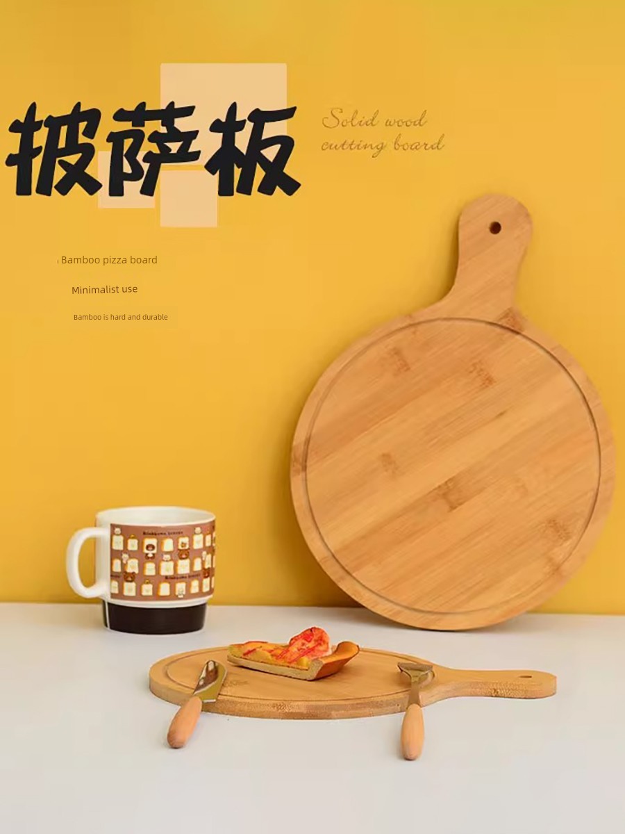 Wooden Handle Tray Bamboo Steak Plate Western Plate Kitchen Tableware round Western Food/Steak Dessert Minimalist Wood Dish