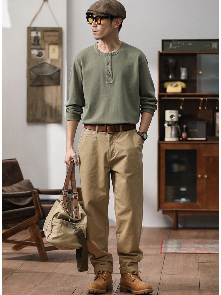 Madden Ins American Retro Washed Batik Henley Shirt T-shirt Distressed Tough Guy Loose Open Collar Long Sleeves Bottoming Shirt