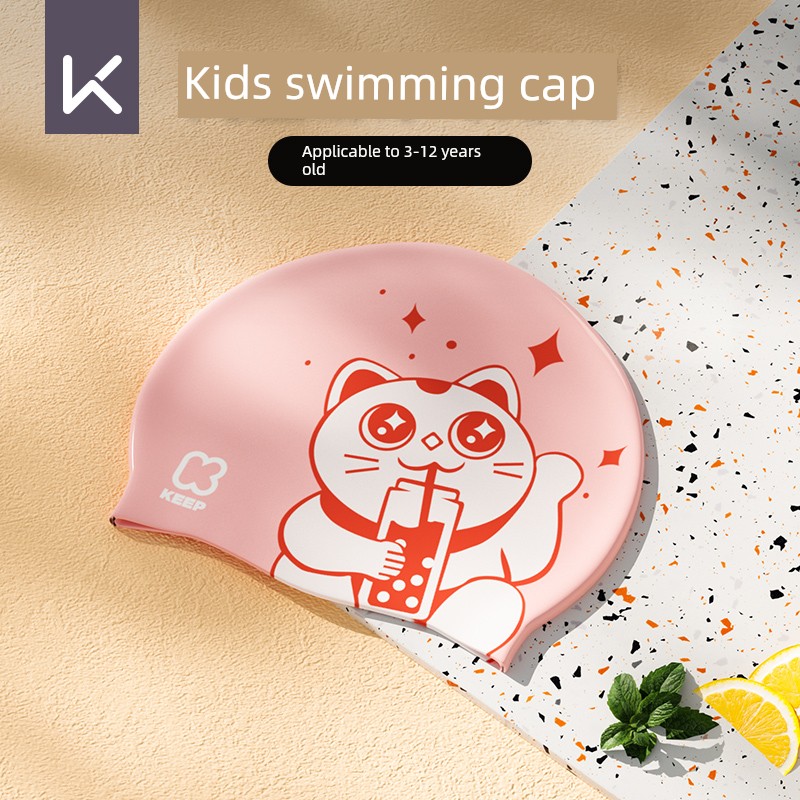Keep Kids Swimming Cap Girl Boys' Silicone Waterproof Not Squeezing Head Cute Print Swimming Hat for Teenagers and Babies