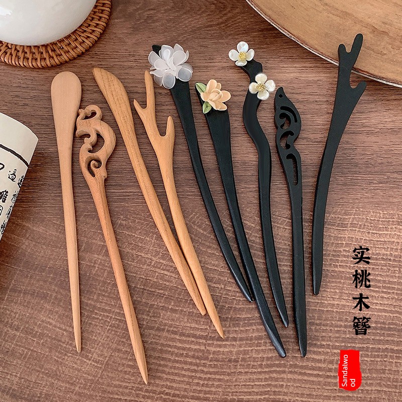 Wooden Hairpin Ancient Style Han Chinese Clothing Updo Peach Wood Hairpin Minimalist Modern Fancy Bun Hair Clip Headdress Female