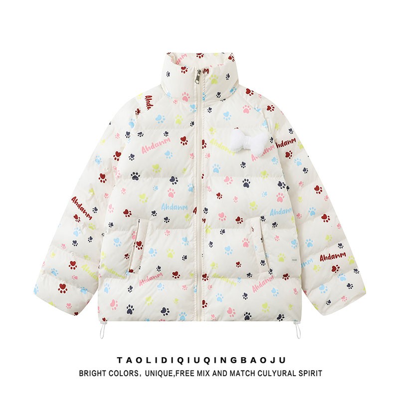 Sweet Cute Dog's Paw Full Printed Stand-up Collar Cotton-Padded Coat Women's Winter Small All-Matching Youthful-Looking Thickened Warm Cotton Coat