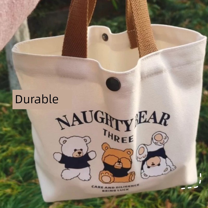 Bear Canvas Bag Female Student School Portable Work Small Size Rice Bag Lunch Bag Multifunctional Tote Canvas Bag